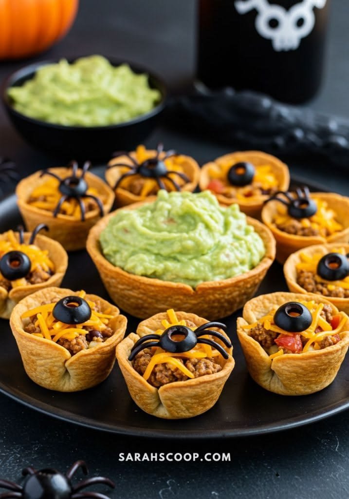 Creepy Crawly Taco Cups | Halloween taco themed party food, Halloween taco cups, Halloween tacos ideas