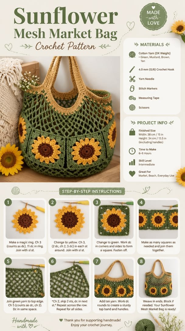 Create a beautiful sunflower mesh market bag