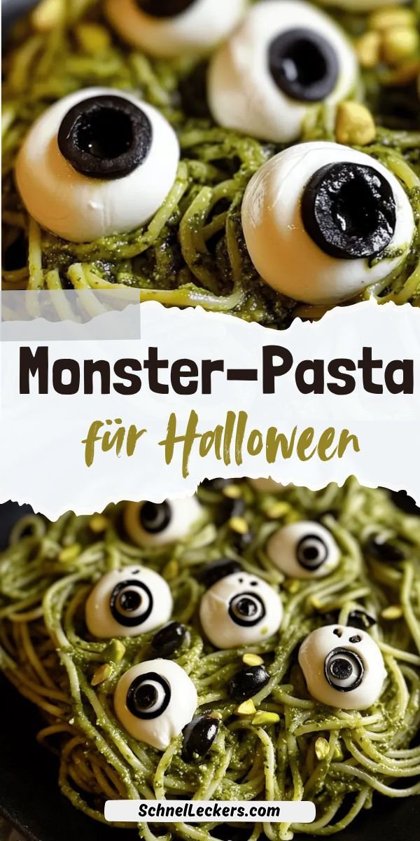 Monster-Pasta für Halloween – grüne Spaghetti mit gruseligen Augen