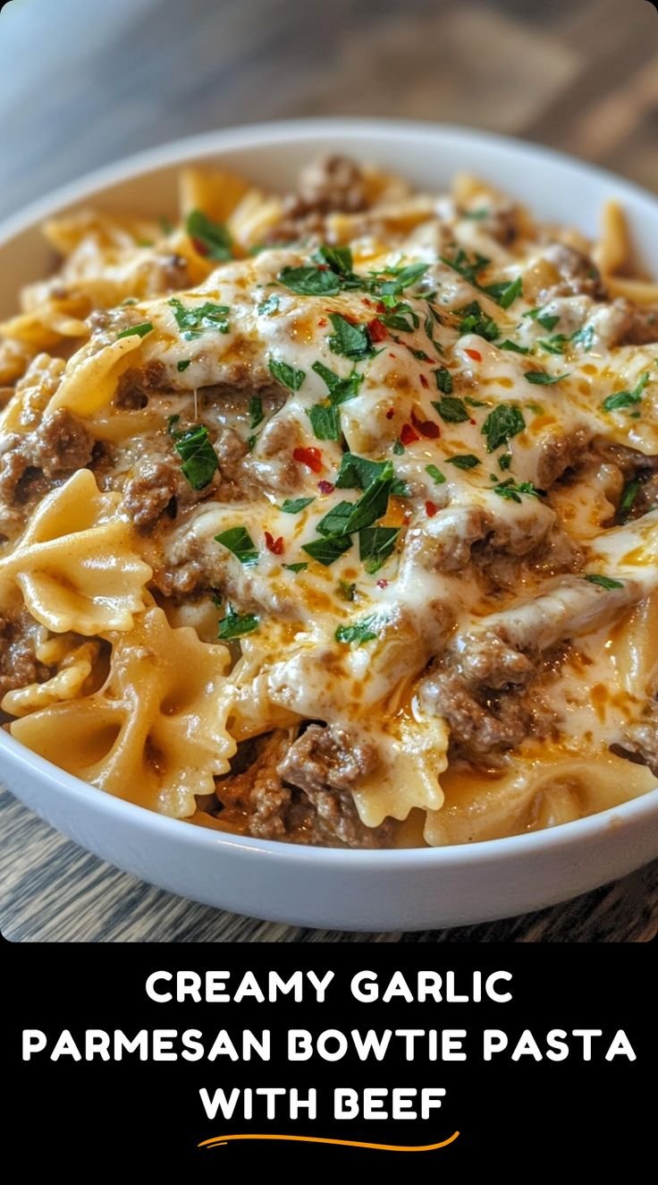 Creamy Garlic Parmesan Bowtie Pasta with Beef