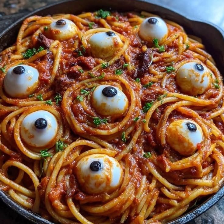 Spaghetti Eyeball Skillet Recipe - Halloween Dinner Party Food (Digital Download)
