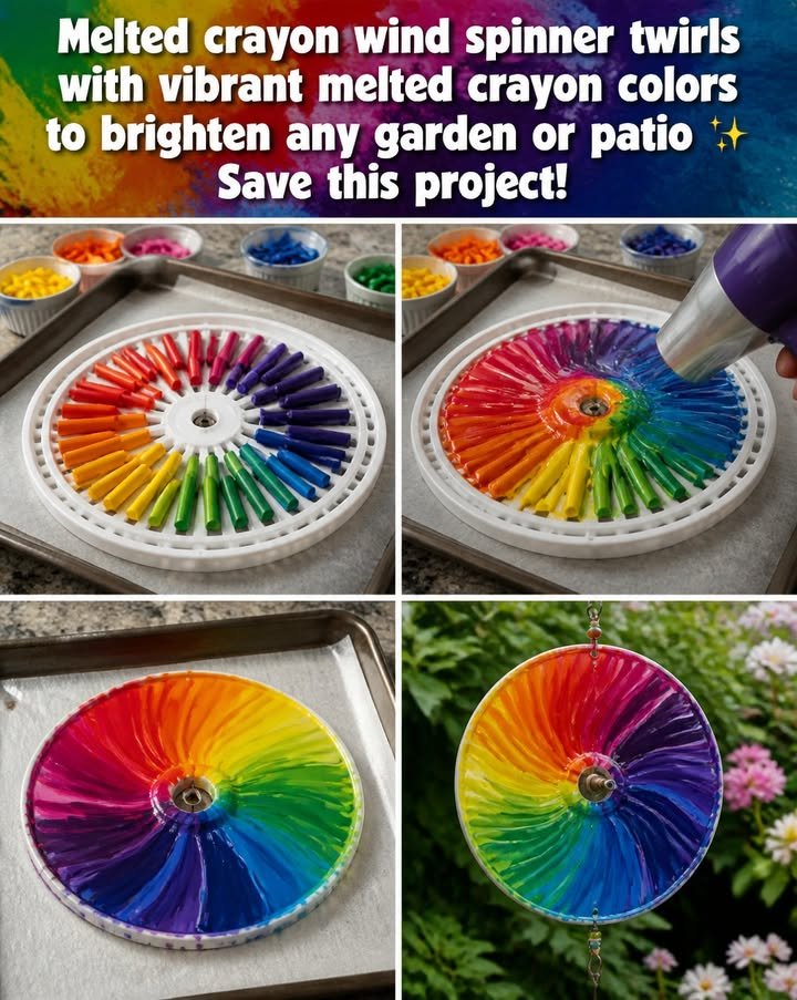 The melted crayon wind spinner spins with bright melted crayon colors to add cheer to any garden or patio. Be sure to save this project!