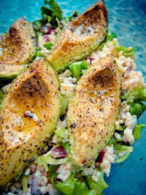 Roasted Avocado Over Mixed Lettuce and Couscous