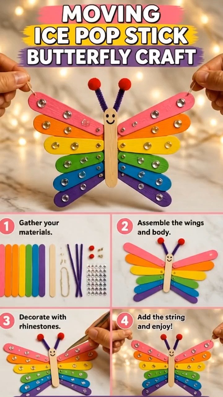 A popsicle stick mechanism brings this butterfly to life with gentle moving wings for a playful handmade project. 9 A popsicle stick mechanism brings this butterfly to life with gentle moving wings for a playful handmade project.