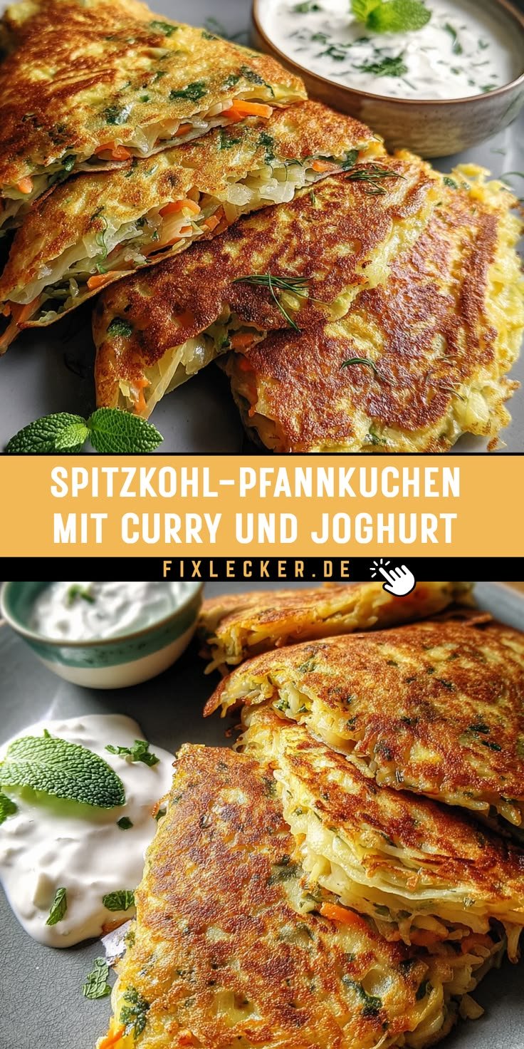 Krossige Spitzkohl-Pfannkuchen mit Curry und Joghurt