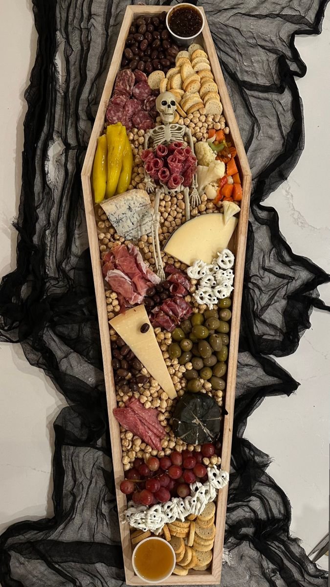 Halloween coffin charcuterie board, halloween hosting, halloween party, coffin cheese board
