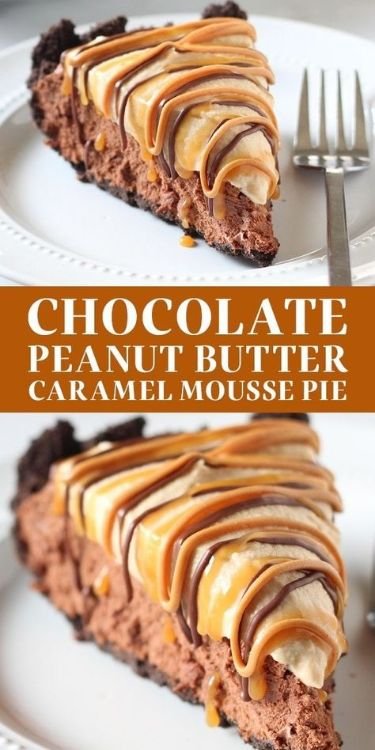 Decadent Chocolate Peanut Butter Caramel Mousse Pie | Layered mousse pie, Peanut butter M&M dessert recipes, Mousse pie recipes