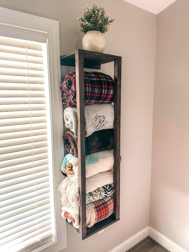 Wall Mounted Blanket Holder - Rustic Wood Towel Rack for Living Room Decor