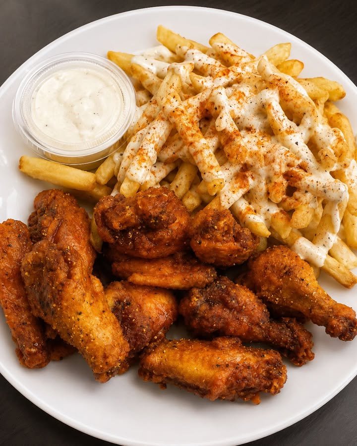 Crispy Garlic Parmesan Chicken Wings with Loaded Fries