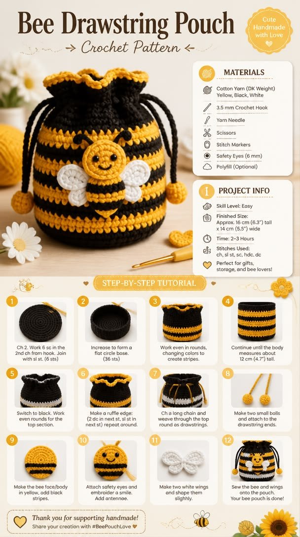 Beginner-Friendly Crochet Bee Drawstring Pouch