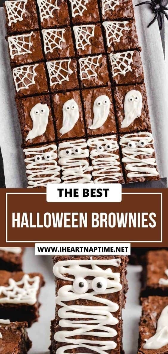 These Halloween brownies are a fun and spooky dessert treat perfect for a Halloween party. Fudgy chocolate brownies deco… | Boo brownies, Halloween brownies easy, Halloween mummy brownies