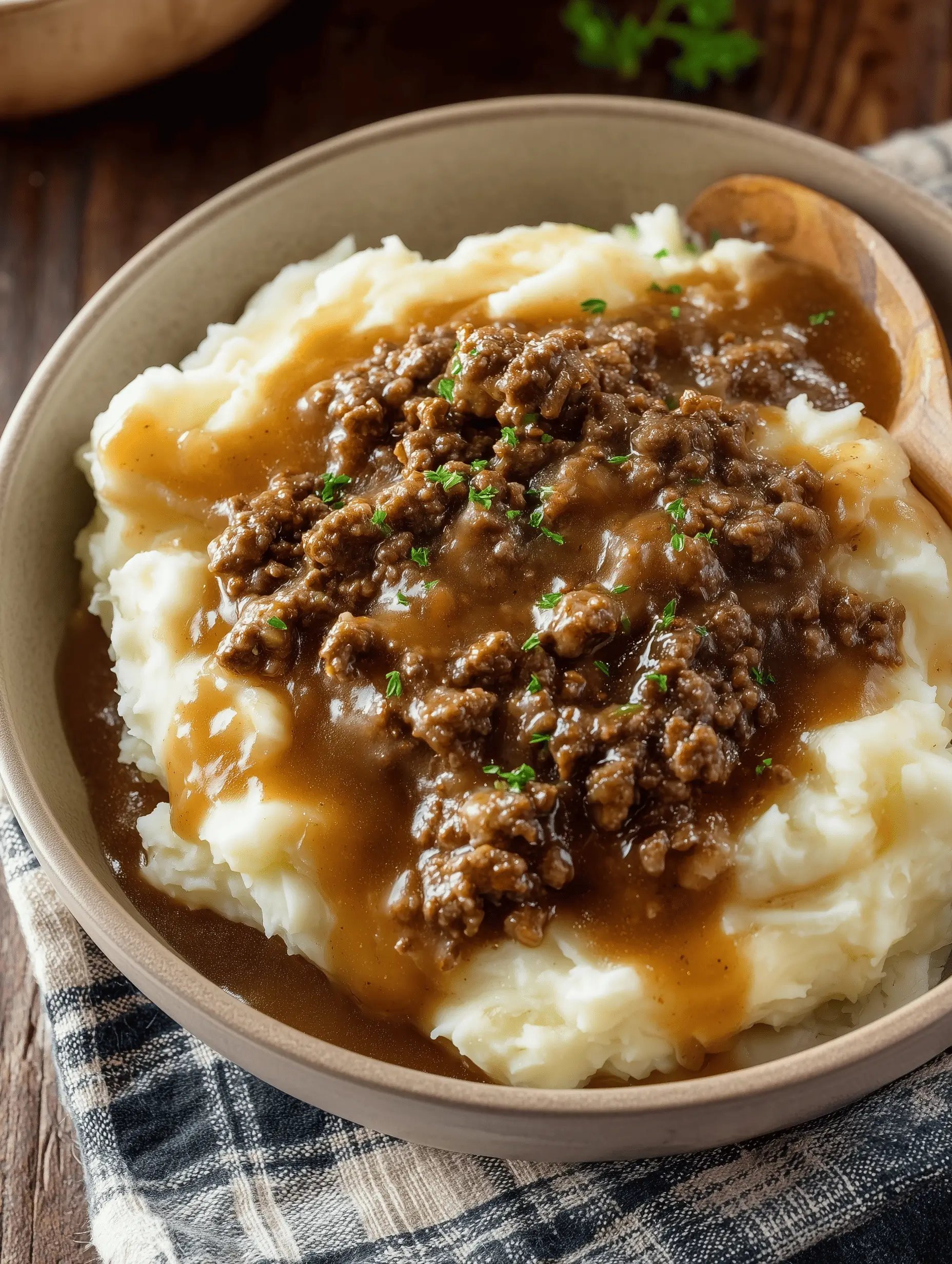 Ground Beef and Gravy Over Mashed Potatoes