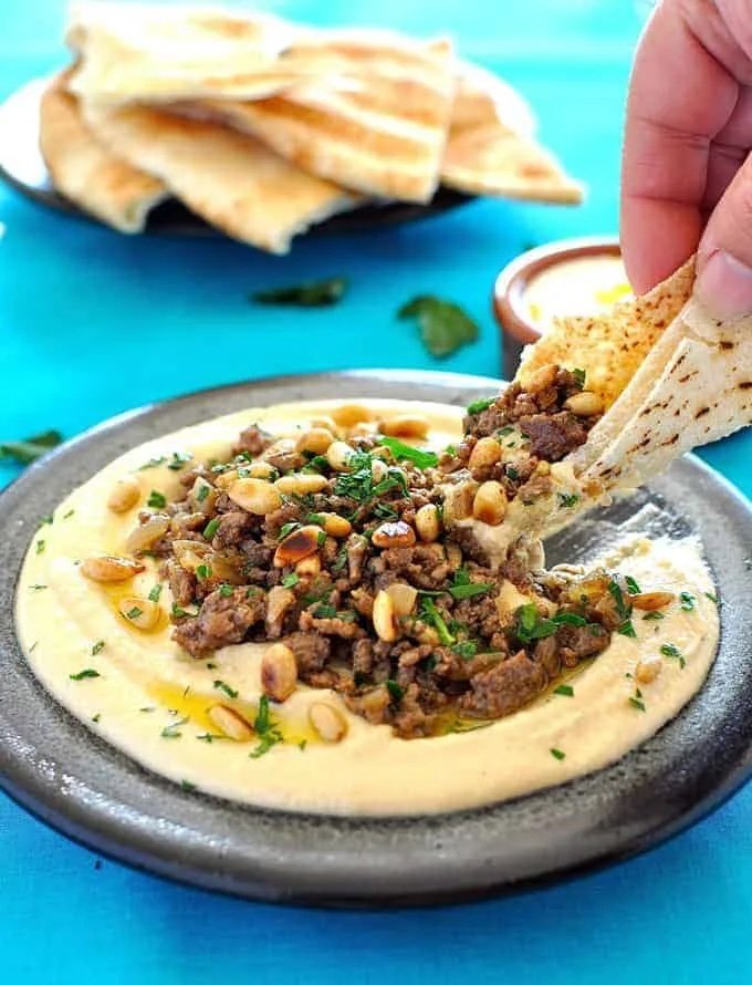 Hummus with honey and spiced lamb