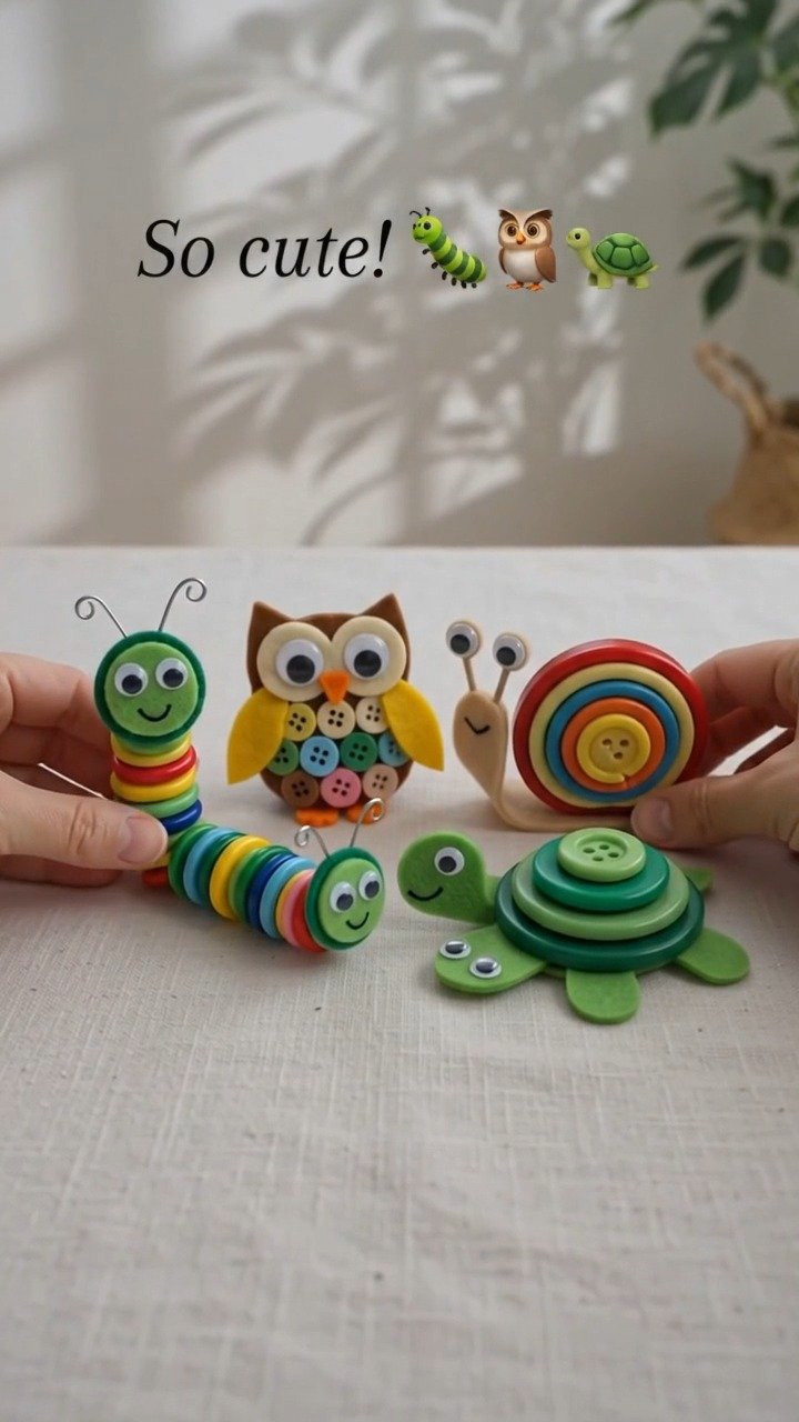 Colorful buttons become charming woodland animals that bring a playful handmade touch to cards, decorations, or gifts. Save this idea for later. 10 Colorful buttons become charming woodland animals that bring a playful handmade touch to cards, decorations, or gifts. Save this idea for later.