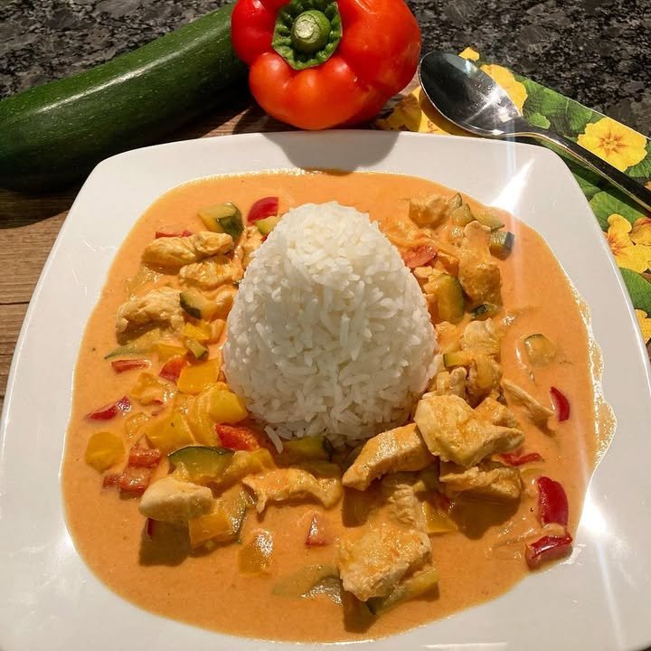 Paprika-Zucchini-Sahne Hähnchen mit Reis