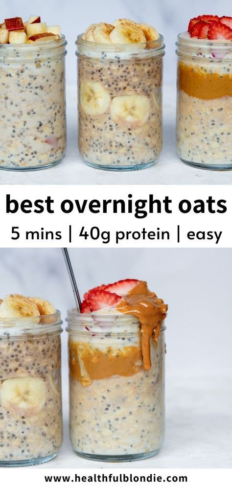 This high-protein overnight oats recipe has over 40 grams of protein per serving! Use any protein powder and choose from&hellip; | Overnight oats with protein shake, Easy high protein overnight oats, 130 grams of protein meal plan