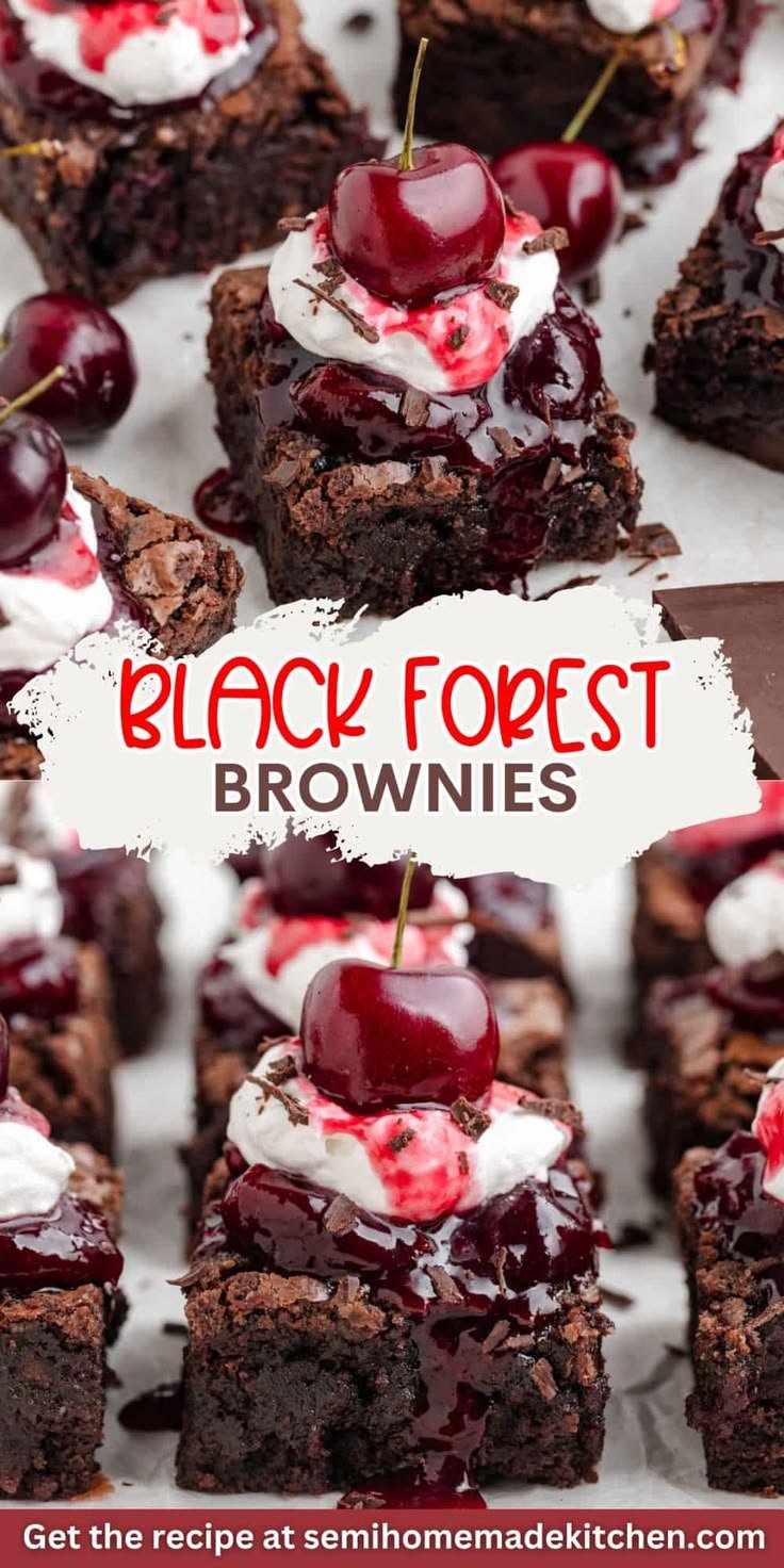 These fudgy Black Forest Brownies are filled with chopped chocolate and cherries, then topped with a cool layer of whipp… | Black forest cupcakes with cherry pie filling, Black forest slice, Black cherry desserts