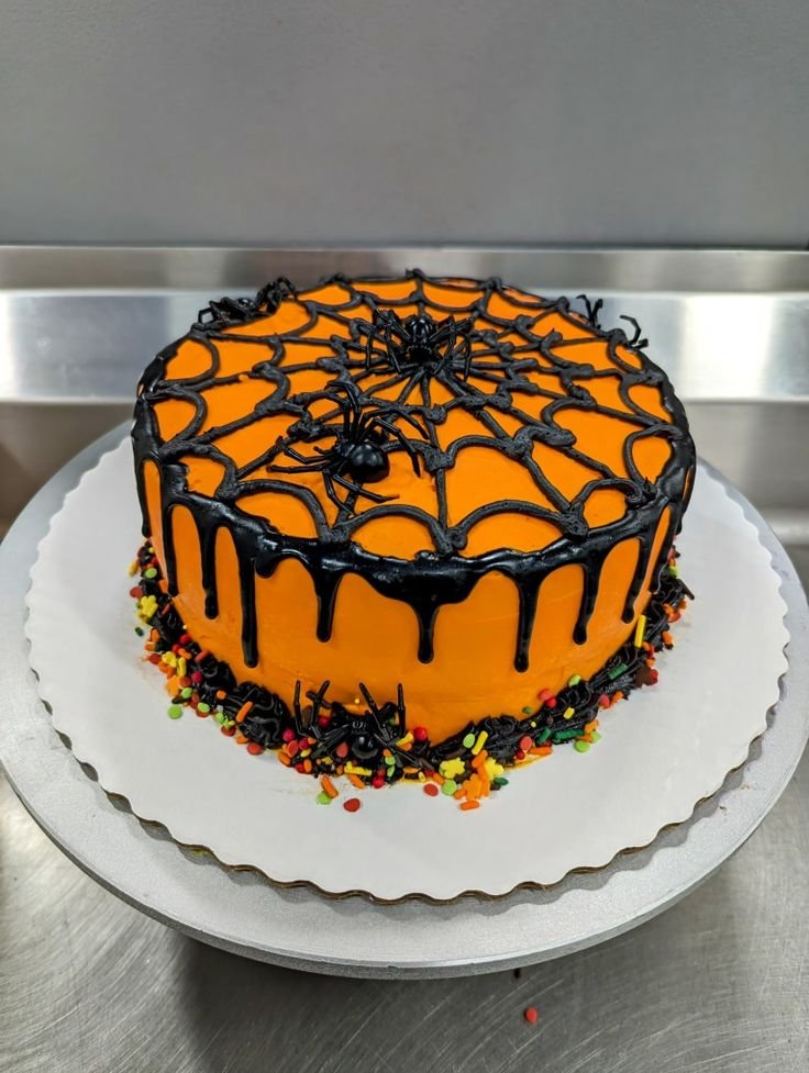 Spider Web Cake with Sprinkles and Chocolate Icing | Diy spider web cake tutorial, Halloween party cake ideas, Halloween spider web cake