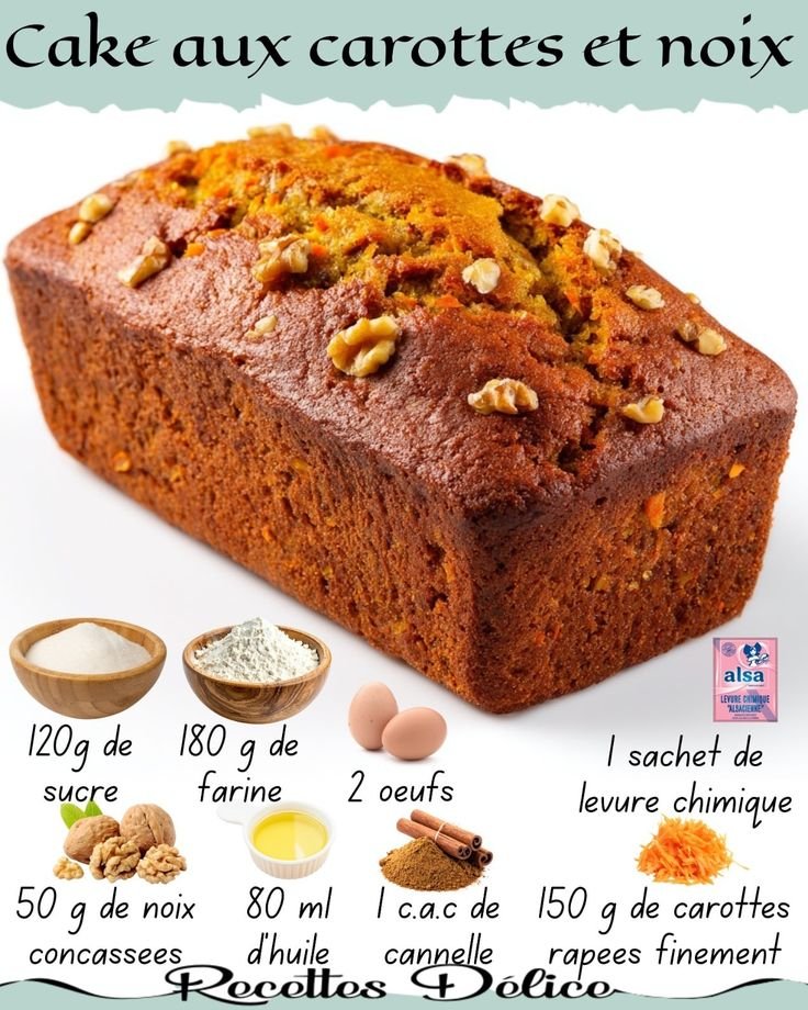 Cake aux carottes et noix  Préparation  1. Dans un saladier, fouettez les œufs avec le sucre jusqu’à obtenir un mélange … | Cakes noix et carottes, Bakery packaging design, Recette patisserie facile
