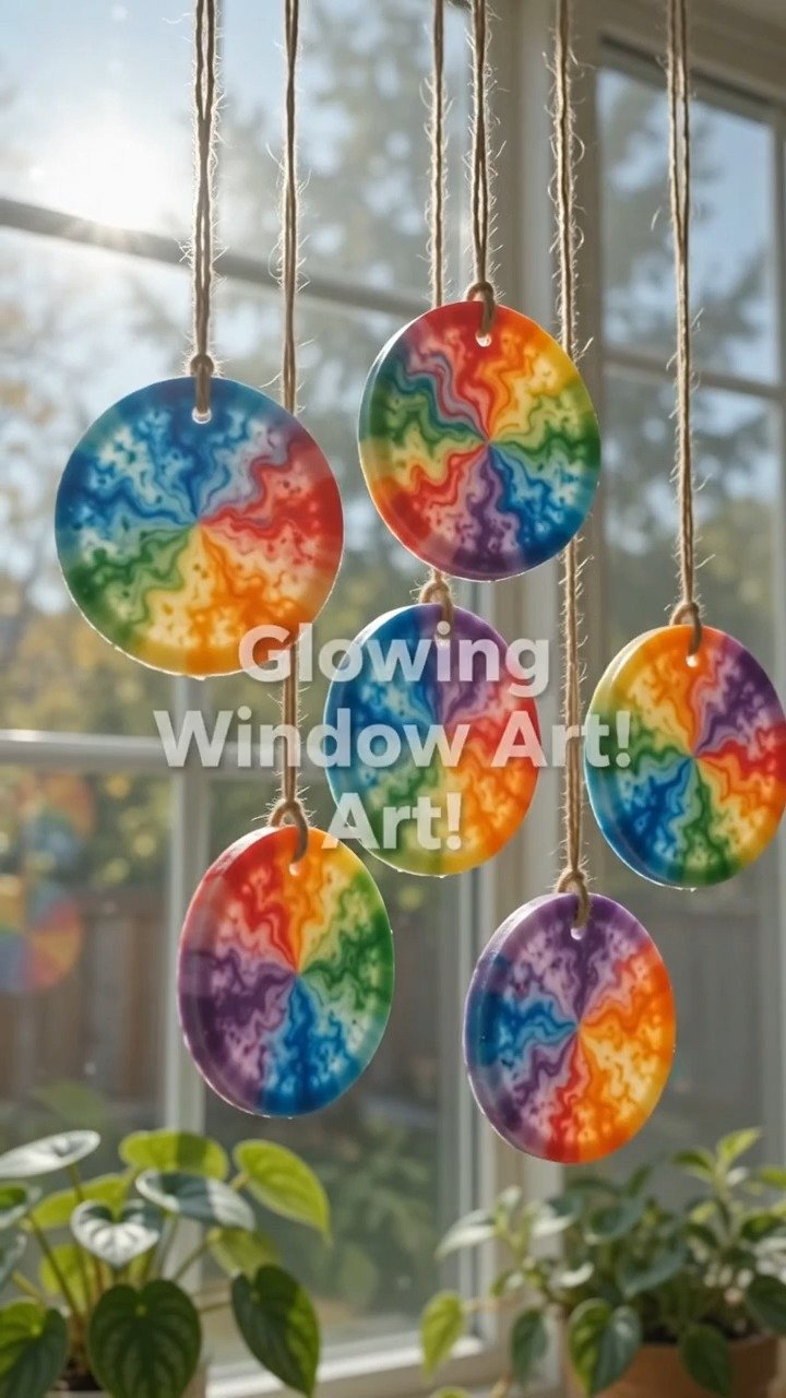 Rainbow cornstarch disks dry into bright translucent suncatchers that bring colorful patterns to any sunny window. 10 Rainbow cornstarch disks dry into bright translucent suncatchers that bring colorful patterns to any sunny window.