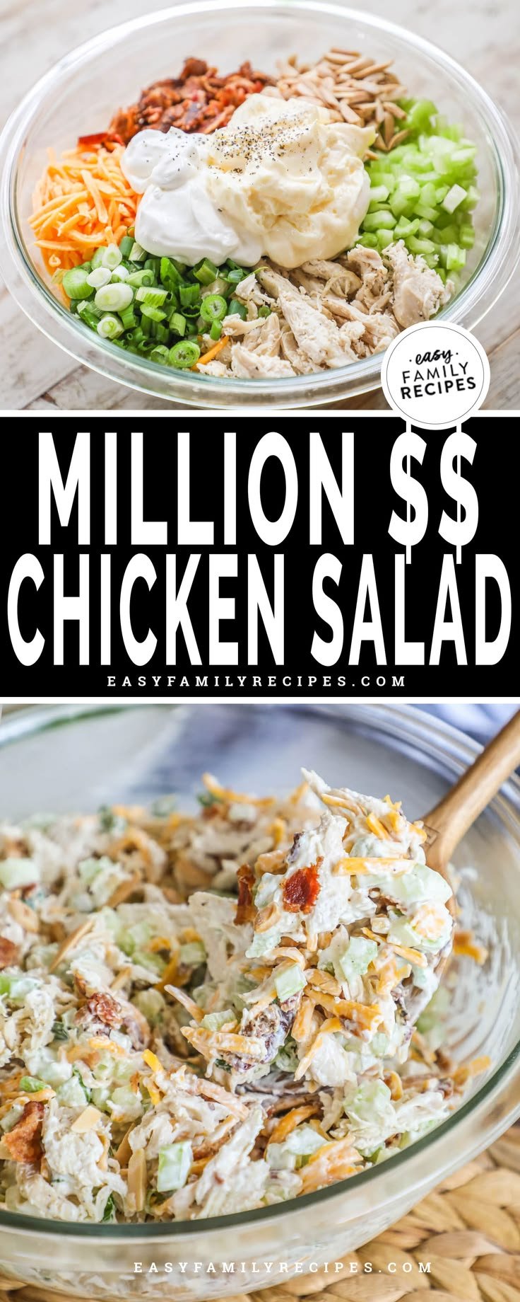 Million Dollar Chicken Salad · Easy Family Recipes | Chicken salad recipe with cheese, Lunches with shredded chicken, Lunch ideas kid friendly