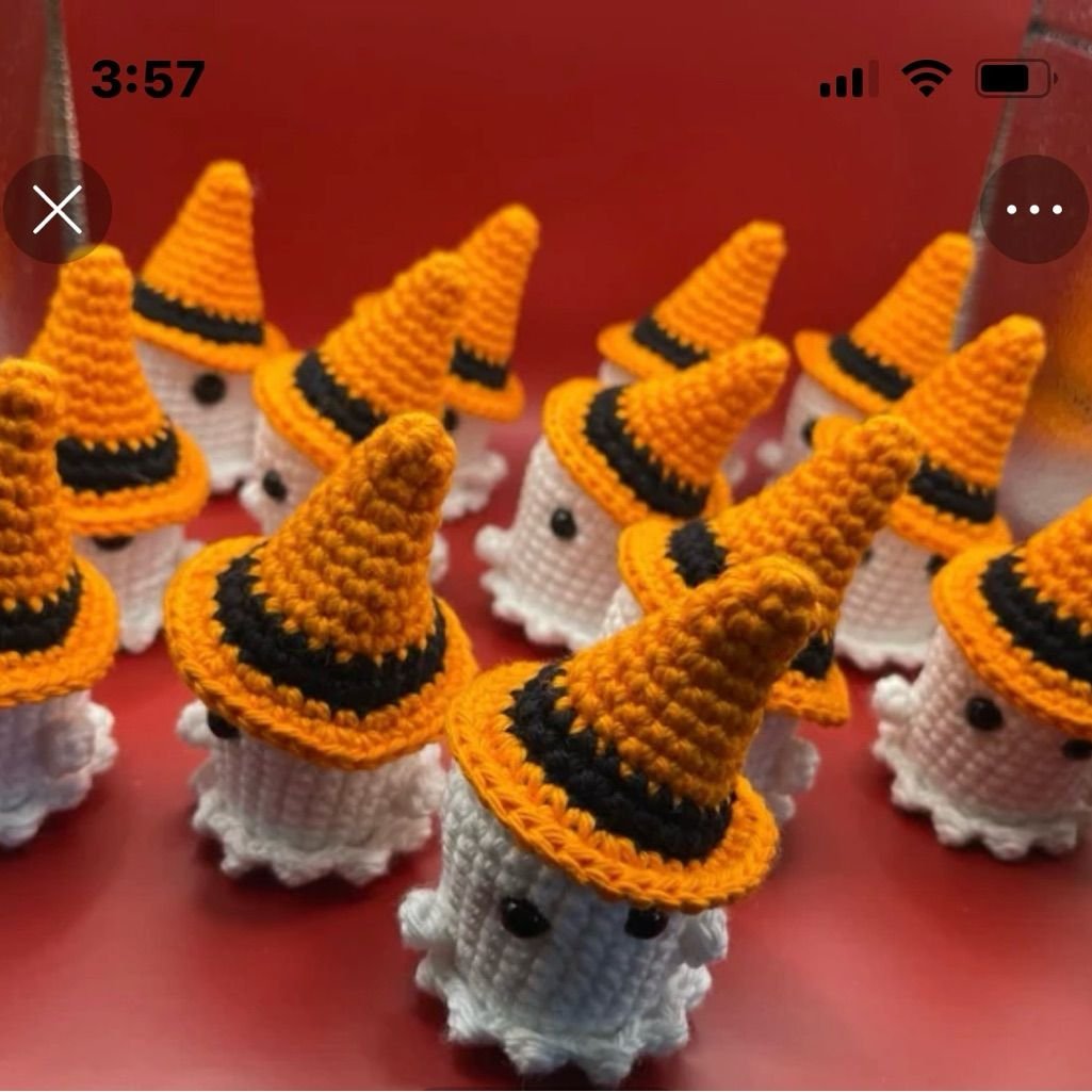 Crochet Ghost with Orange Witch Hat 6 Crochet Ghost With Orange Witch Hat | Color: Orange/White | Size: 3.5 X 25