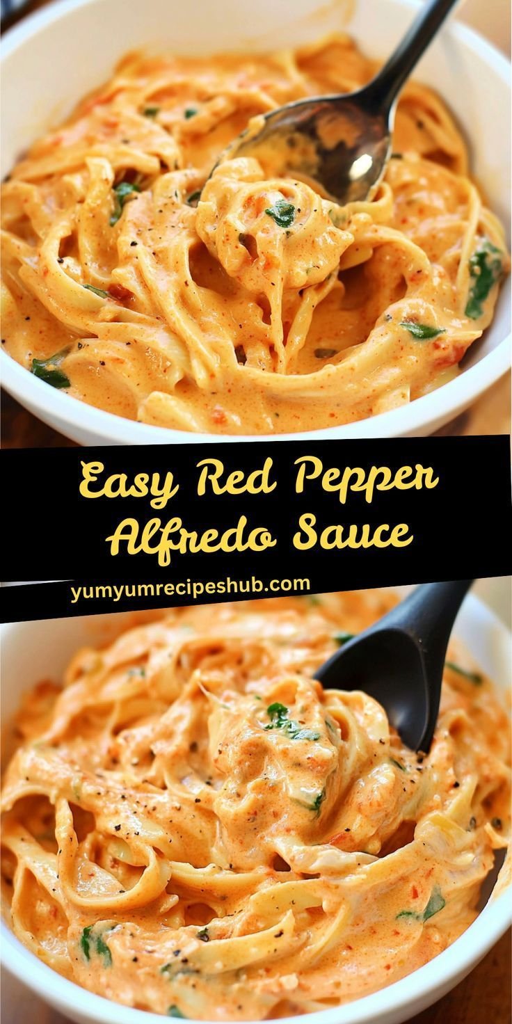 Pasta with Red Pepper Sauce and Cream Cheese | Red Pepper Alfredo Sauce with Spinach, Red Sauce Pasta Recipe, Easy Homemade Alfredo Sauce