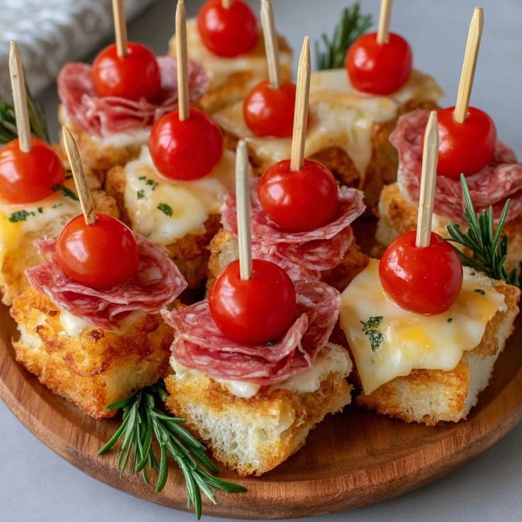 Bonne - 🧀 Bouchées apéro pain-fromage-saucisson-tomate cerise – prêtes en 10 minutes 👨‍👩‍👧‍👦 Pour 12 bouchées ⏱ Préparation : 10 minutes  🧾 Ingrédients : 12 cubes de pain de mie ou pain brioché (environ 3 cm de côté)  12 petites tranches de froma...