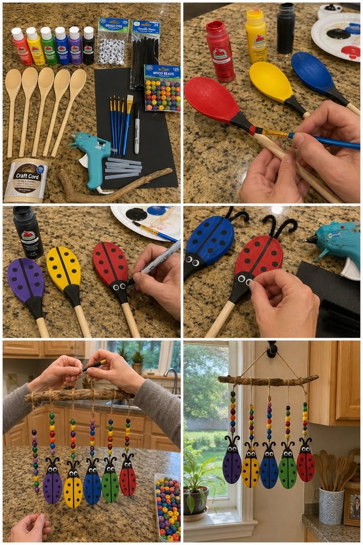 DIY Colorful Wooden Spoon Ladybug Wind Chimes