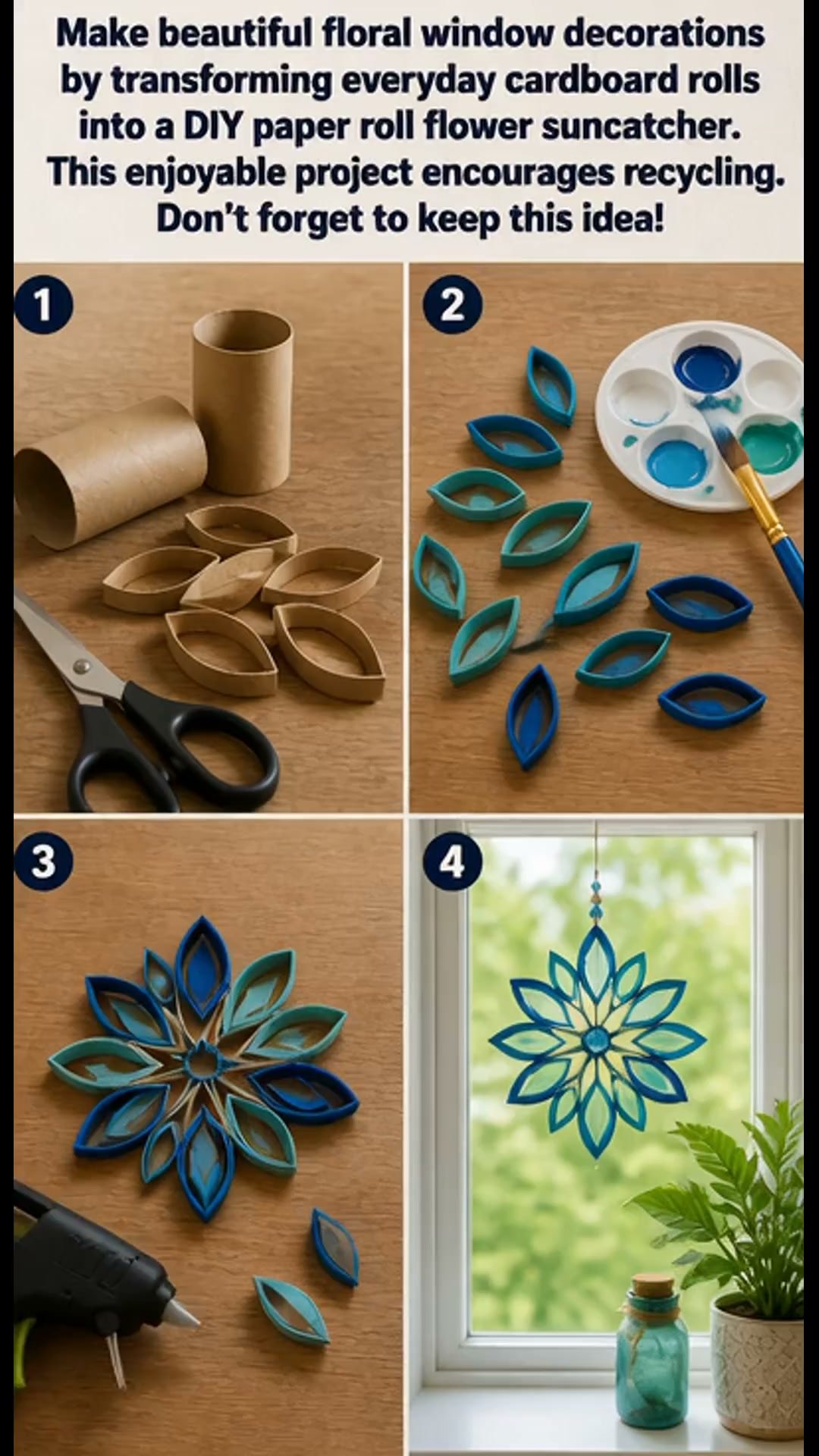 Create stunning floral window decorations by turning ordinary cardboard rolls into a DIY paper roll flower suncatcher. This fun project promotes recycling. Be sure to save this idea!