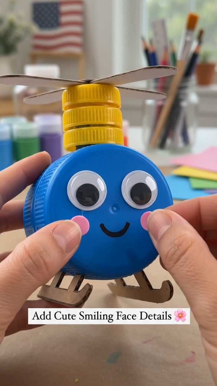 Geben Sie alten Flaschenverschlüssen einen neuen Zweck, indem Sie einen charmanten Miniaturhubschrauber mit bunten recycelten Materialien bauen. Welche Version würden Sie machen?
