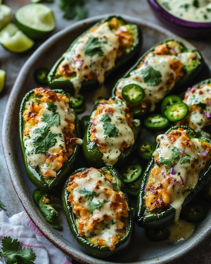 Cheesy Stuffed Poblano Peppers with Cilantro Lime Cream