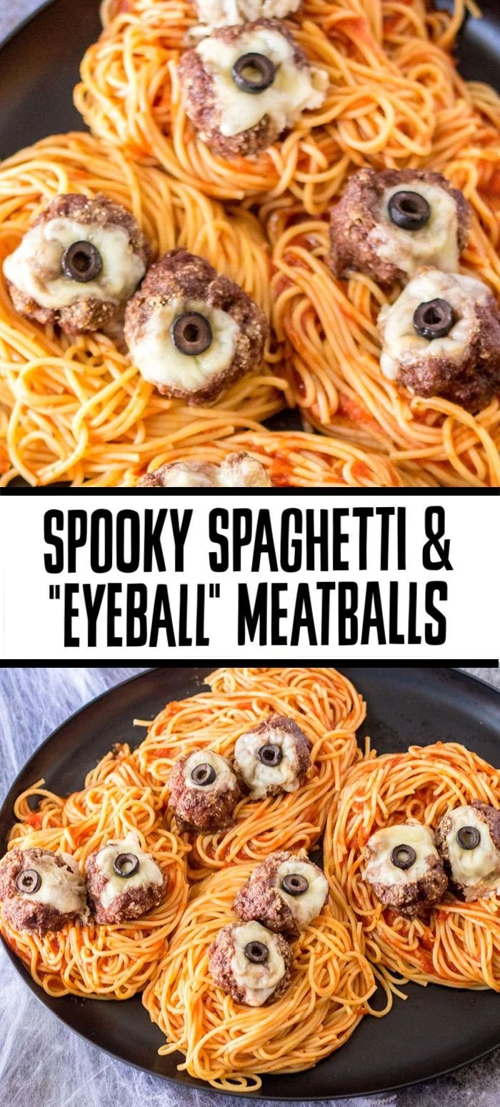 Spooky Spaghetti and Cheese Stuffed Meatballs | Halloween Recipe | Spooky halloween dinner for kids, Halloween themed food for kids, Halloween food ideas