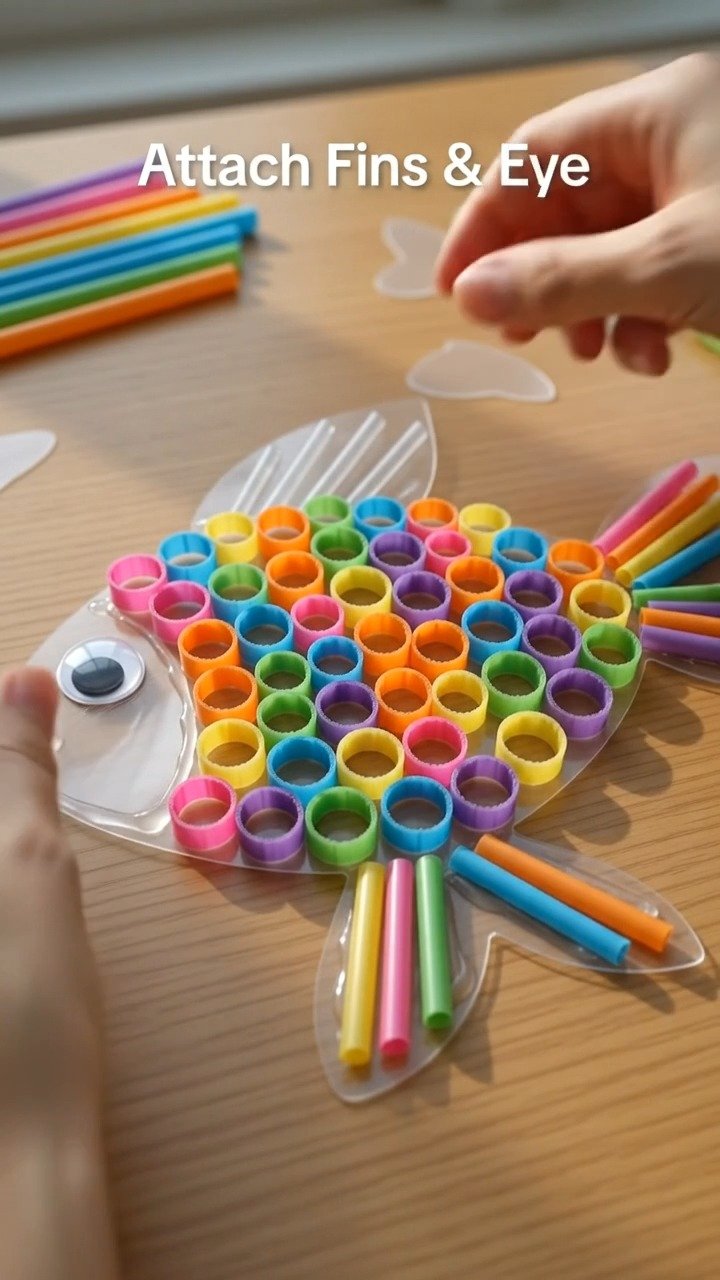 Bunte Trinkhalme verwandeln sich in einen verspielten, strukturierten Fisch mit leuchtenden Flossen und einem fröhlichen, handgemachten Aussehen.
