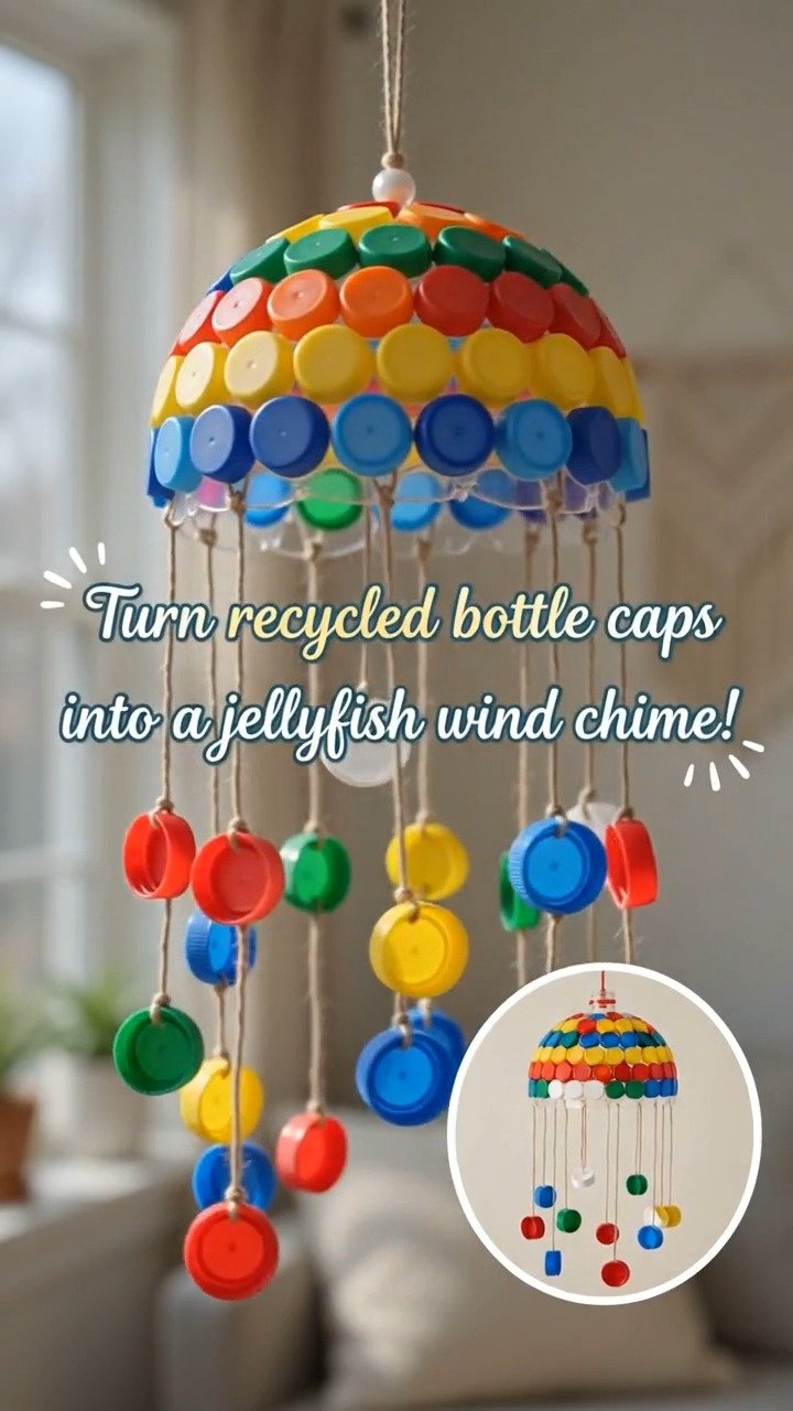 DIY Bottle Cap Jellyfish Wind Chime Transforms Recycled Bottle Caps into a Whimsical Ocean-Inspired Decoration ✨ Save this Project! 11 DIY Bottle Cap Jellyfish Wind Chime Transforms Recycled Bottle Caps into a Whimsical Ocean-Inspired Decoration ✨ Save this Project!