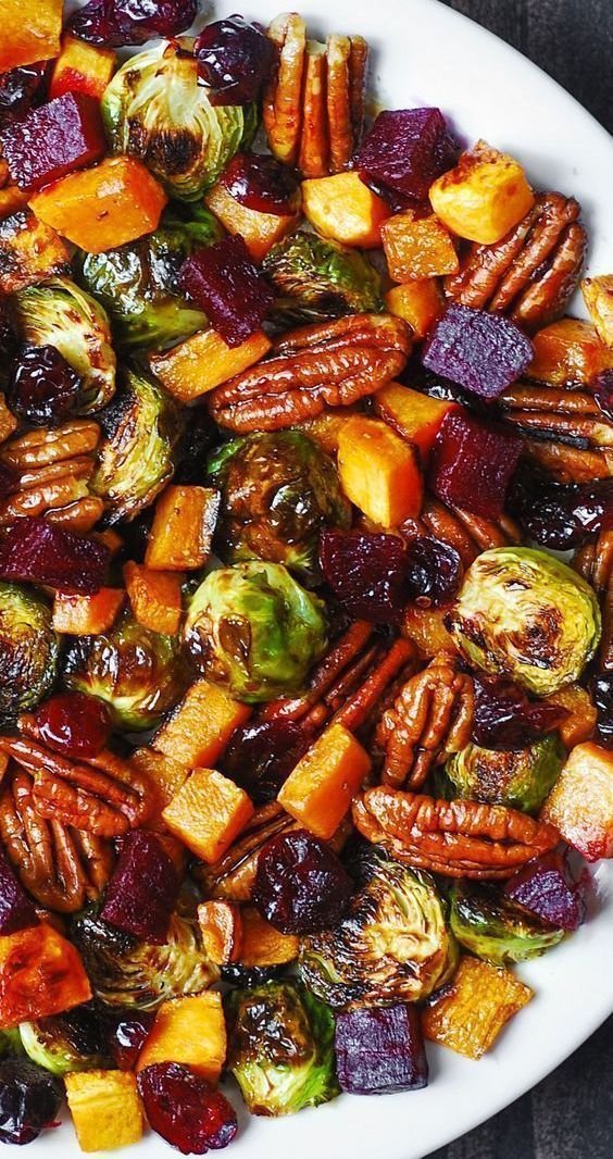 Autumn Salad with Brussels sprouts, Cranberries, Pecans, Beets, Butternut Squash (or Sweet Potatoes)