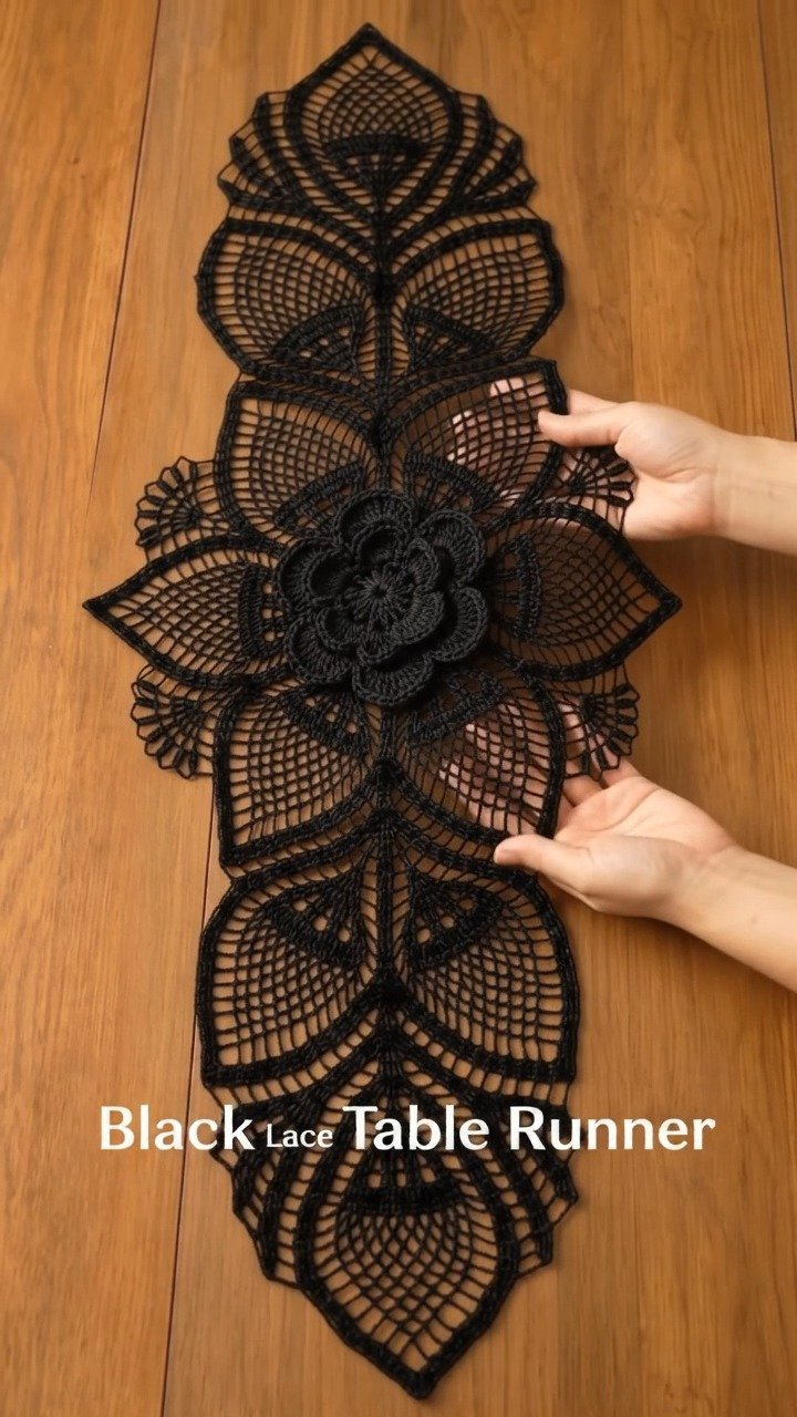 Crochet Black Lace Floral Table Runner for Elegant Decor