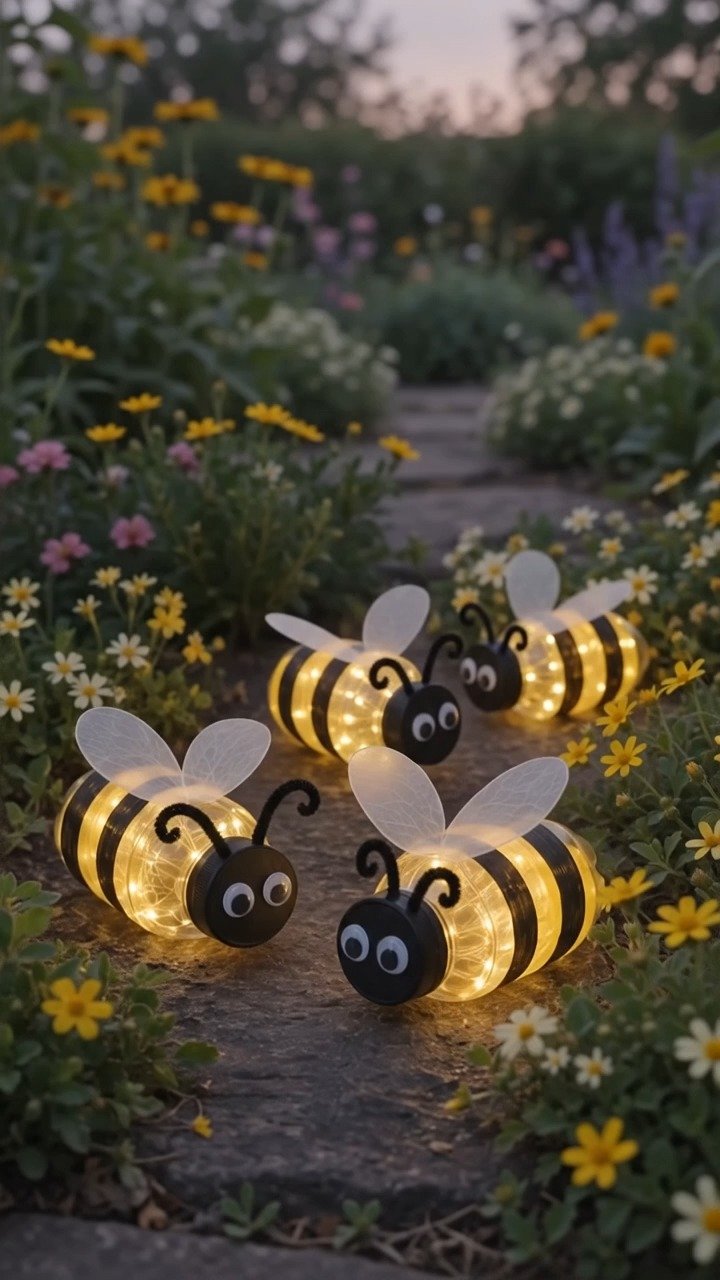 Winzige leuchtende Bienen verwandeln eine einfache Lichterkette in fröhliche handgemachte Dekoration mit einem skurrilen Gartenfeeling.