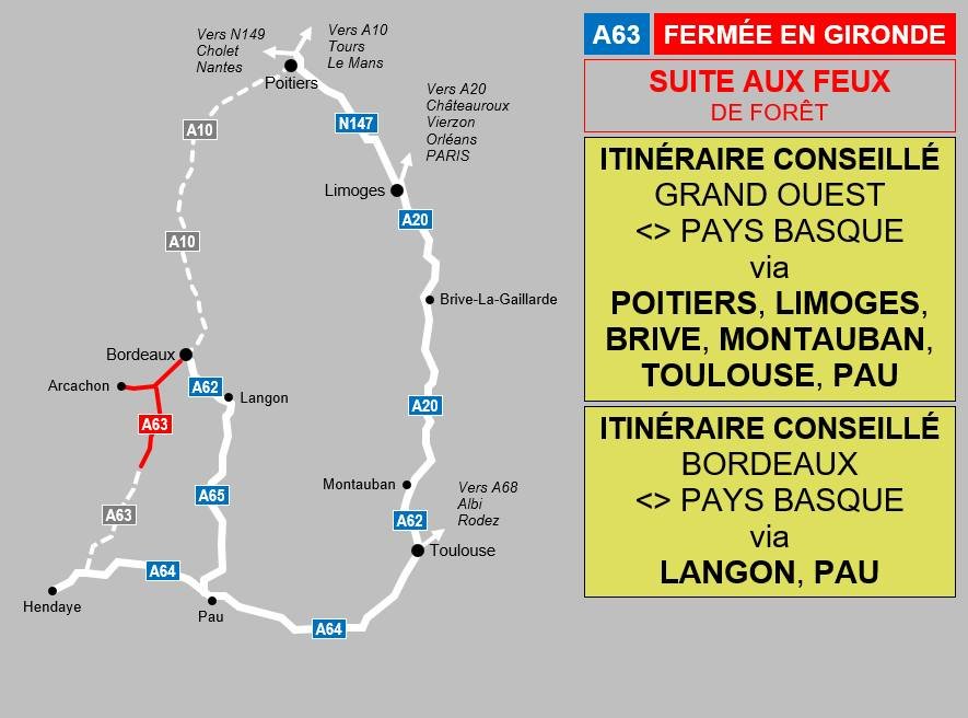 Fermeture de l'A63 dans les deux sens entre Bordeaux et Liposthey