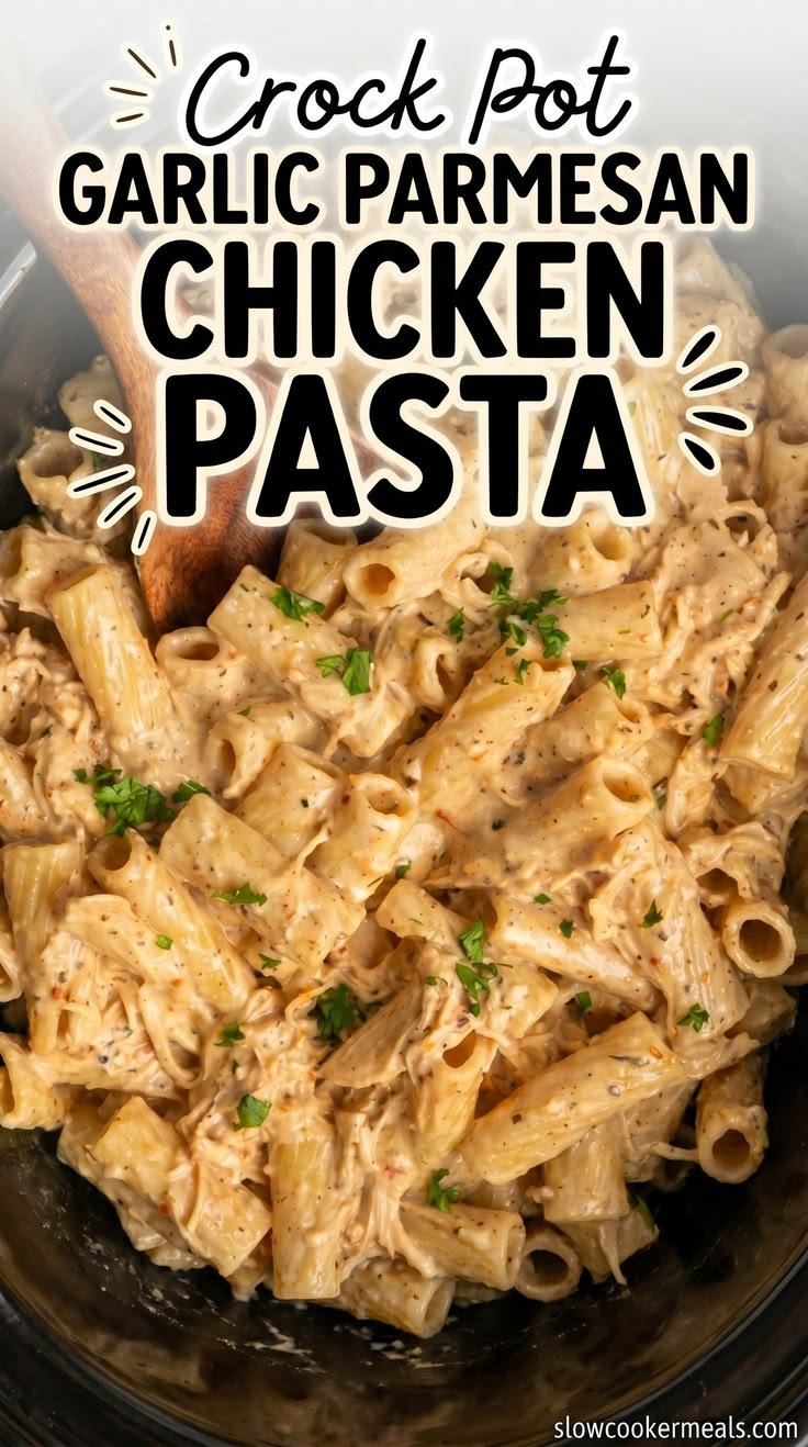 Crock Pot Garlic Parmesan Chicken Pasta - Easy Weeknight Dinner