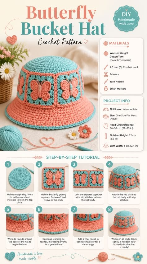 butterfly bucket hat crochet pattern