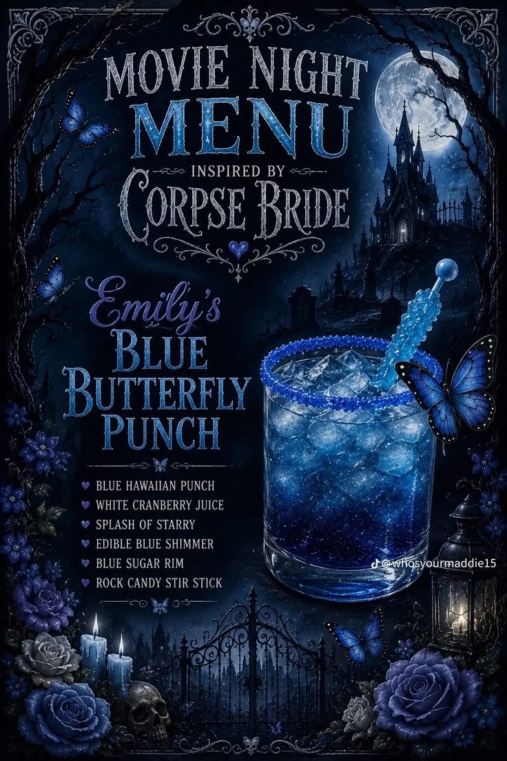 Horror party punch | Corpse bride themed party drinks, Corpse bride birthday party drinks, Movie night snacks