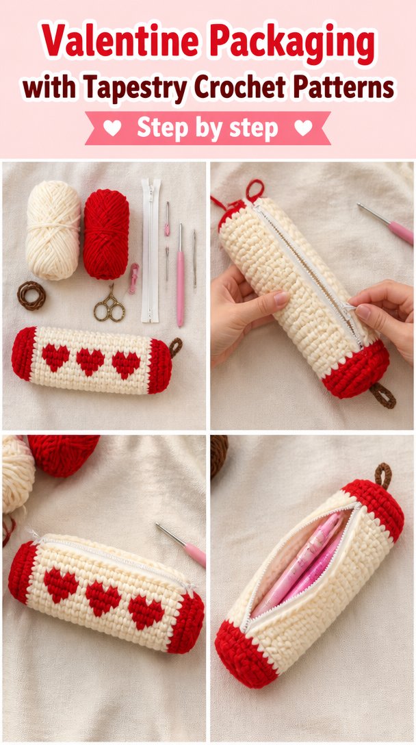 Valentine Packaging with Tapestry Crochet 2 バレンタイン 包装 | タペストリーかぎ針編みパターン, かぎ針編み 簡単, 編み物デザイン