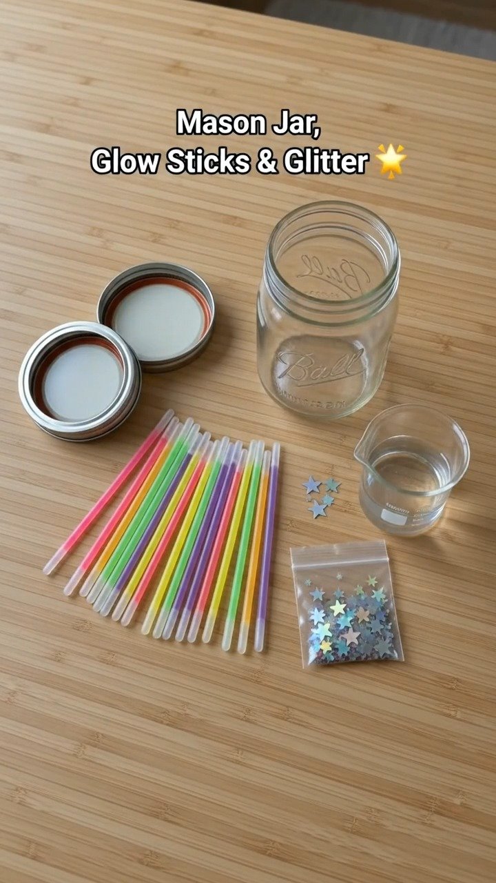 Ein einfaches Einmachglas und Leuchtstäbe erzeugen eine farbenfrohe Nachtlaterne mit einem sanften Leuchteffekt für warme Abende im Freien.