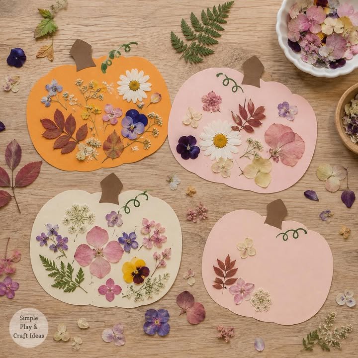 🌸🎃 Pretty Floral Pumpkins! Cut simple pumpkin shapes from coloured card, then let little ones arrange and glue on pressed flowers, petals and autumn leaves. Finish with a paper stalk and a curly gre...
