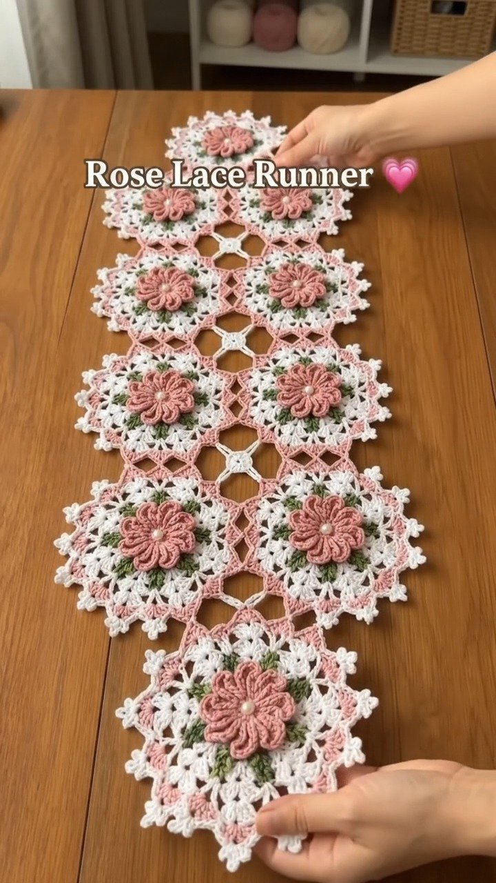 Crochet Lace Medallion Rose Table Runner with Open Diamond Mesh