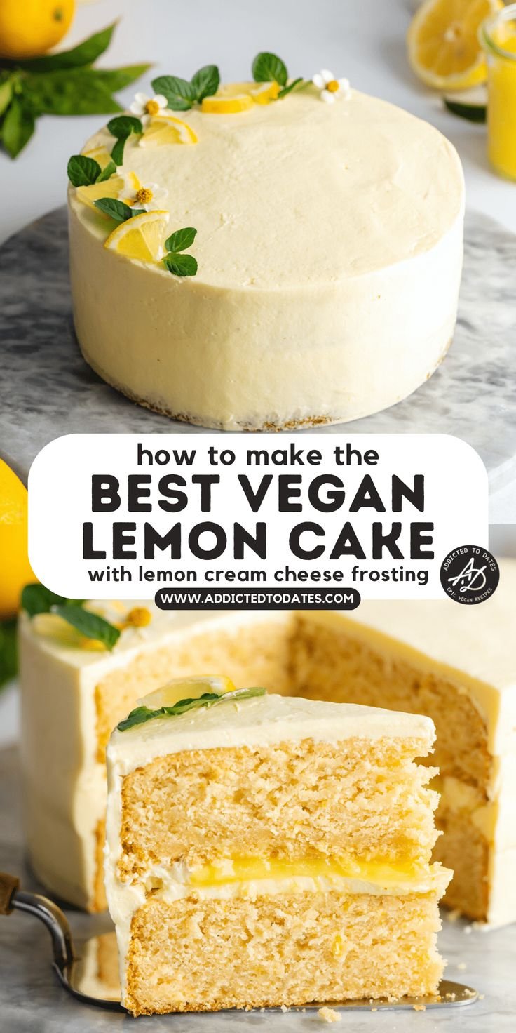Vegan Lemon Cake With Lemon Cream Cheese Frosting - Addicted to Dates | Gluten free vegan dessert ideas, Lemon cake recipe vegan, Moist vegan lemon cake