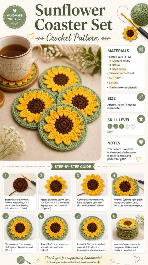 Sunflower Coaster Set Crochet Pattern