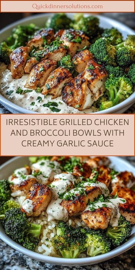 Elevate your dinner game with these Grilled Chicken and Broccoli Bowls drizzled in a dreamy creamy garlic sauce. Juicy g… | Broccoli with creamy sauce and chicken, Dinner with grilled chicken, Recipes bowls