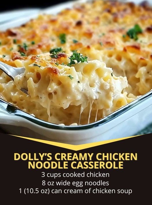 Easy Family Recipes - Dolly’s Creamy Chicken Noodle Casserole Ingredients: 3 cups cooked chicken, shredded or diced 8 oz… | Dollys chicken noodle casserole, Cream of chicken egg noodle recipes, Noodles and cream of chicken soup